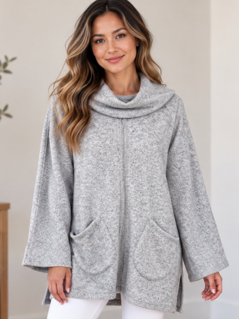 Soft Surroundings "So Cozy" Cowl Neck Gray Tunic Pullover Sweater